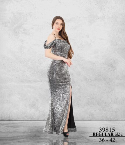 Gri 39815 Normal Maxi Sıfır Kol Askılı Pul Payet