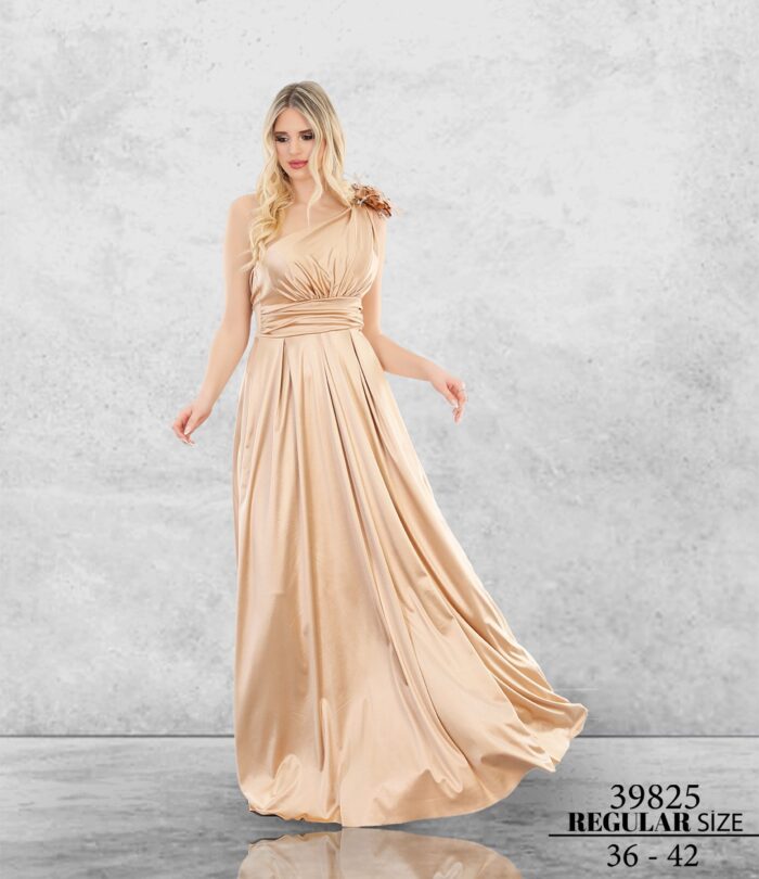 Uzun 39825 Gold Normal Maxi Tek Omuz Saten Düğün Kına Özel Davet