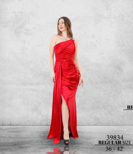 Uzun 39834 Kırmızı Normal Maxi Tek Omuz Saten Düğün Kına Mezuniyet Özel Davet
