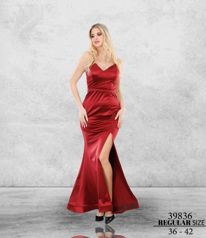 Uzun 39836 Bordo Normal Maxi Askılı Saten Elbise Düğün Kına Mezuniyet Özel Davet