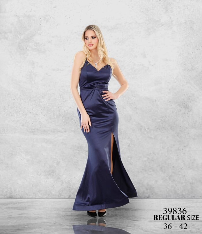 Uzun 39836 Lacivert Normal Maxi Askılı Saten Elbise Düğün Kına Mezuniyet Özel Davet