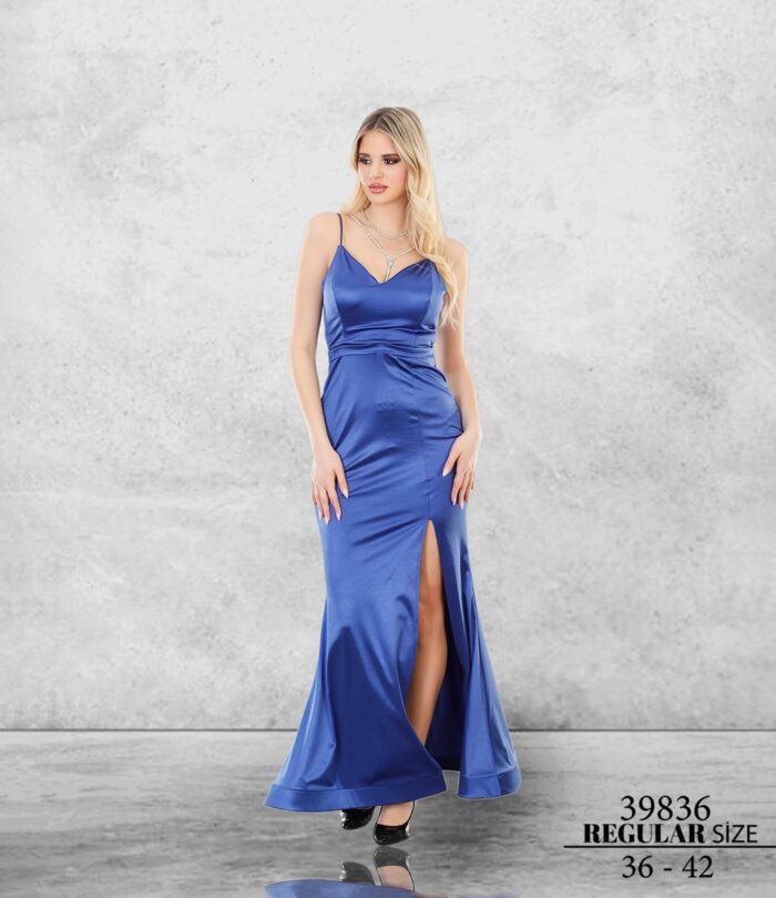 Uzun 39836 Saks Normal Maxi Askılı Saten Elbise Düğün Kına Mezuniyet Özel Davet