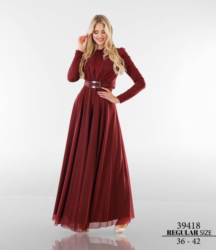 Bordo 39418 Tesettür Normal Maxi Uzun Kol Simli Tül Düğün Kına Özel Davet