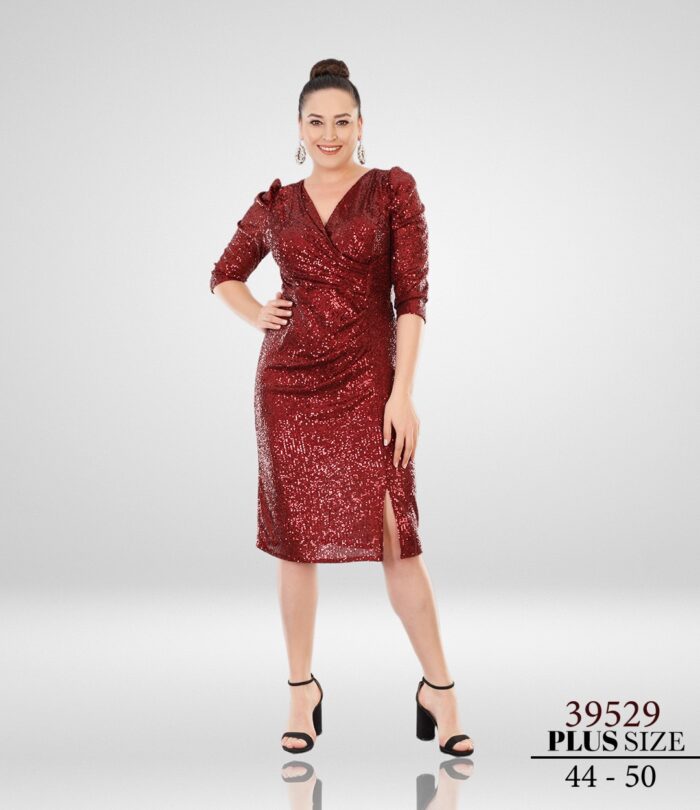 Bordo 39529 Büyük Beden Midi Kısa Kol Pul Payet Düğün Özel Davet Kına