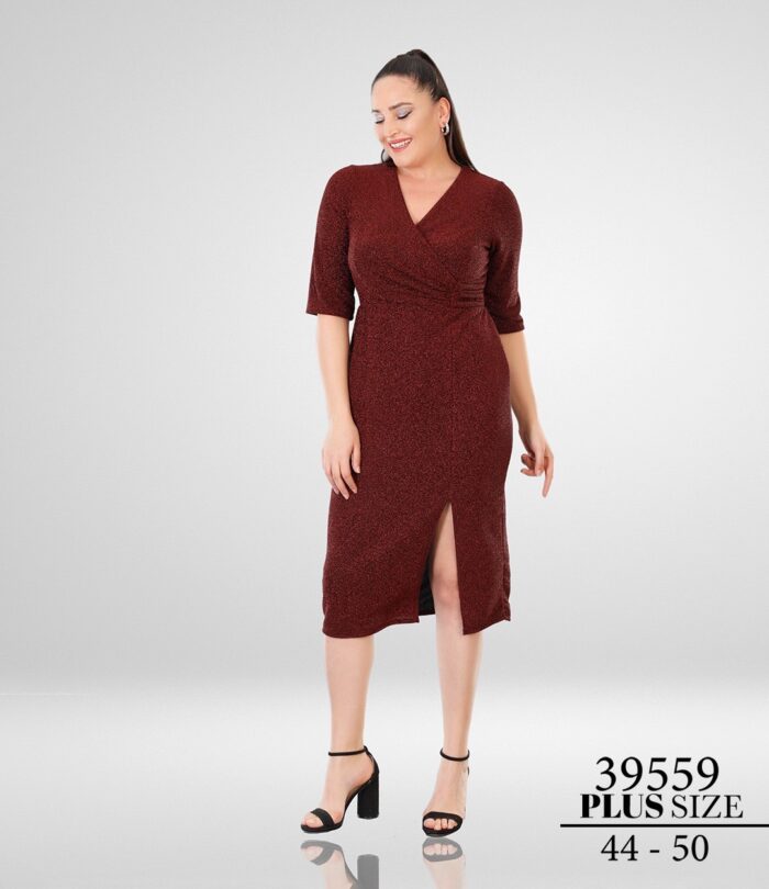 Bordo 39559 Büyük Beden Midi Kısa Kol Metalik Düğün Kına