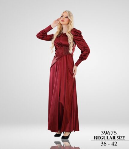 Bordo 39675 Tesettür Normal Maxi Uzun Kol Saten Düğün Kına