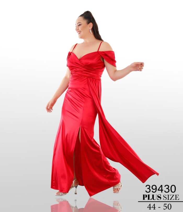 Kırmızı 39430 Büyük Beden Maxi Askılı Saten Abiye Elbise