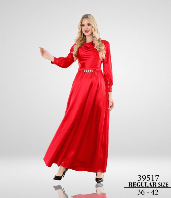 Kırmızı 39517 Tesettür Normal Maxi Uzun Kol Saten Abiye Elbise