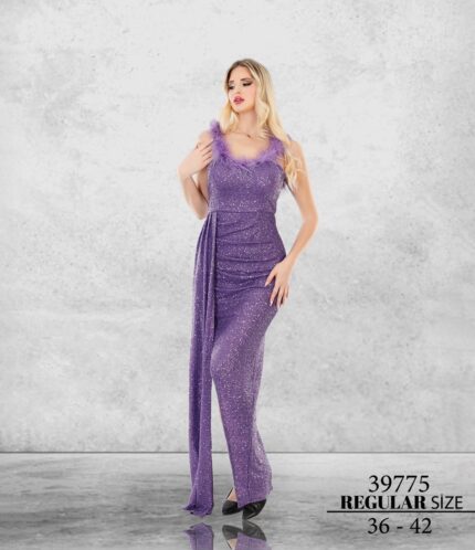 Koyu Lila 39775 Normal Maxi Sıfır Kol Pul Payet Özel Davet Kına