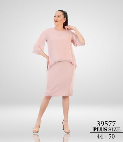 Rose 39577 Büyük Beden Midi Kısa Kol Şifon Poliamid Düğün Kına