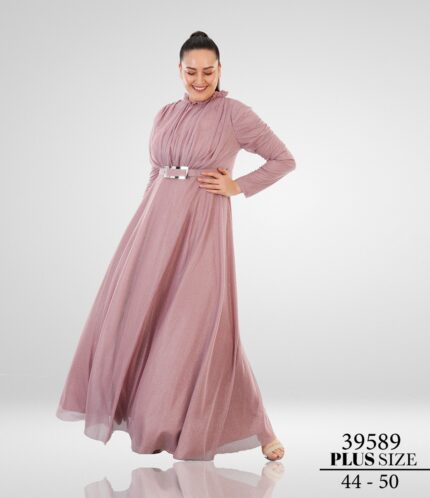 Rose 39589 Büyük Beden Maxi Uzun Kol Simli Tül Abiye Elbise Kına Düğün