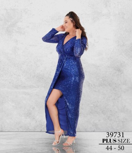Saks 39731 Büyük Beden Maxi Uzun Kol Pul Payet Düğün Kına Özel Davet