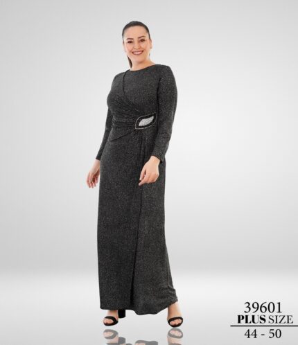 Siyaha Gümüş 39601 Büyük Beden Maxi Uzun Kol Poliamid Abiye Elbise Düğün Kına