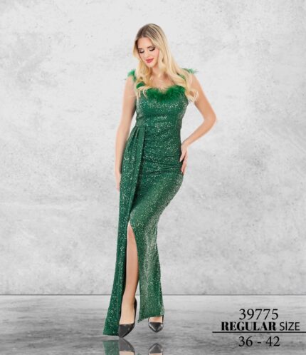 Yeşil 39775 Normal Maxi Sıfır Kol Pul Payet Özel Davet Kına