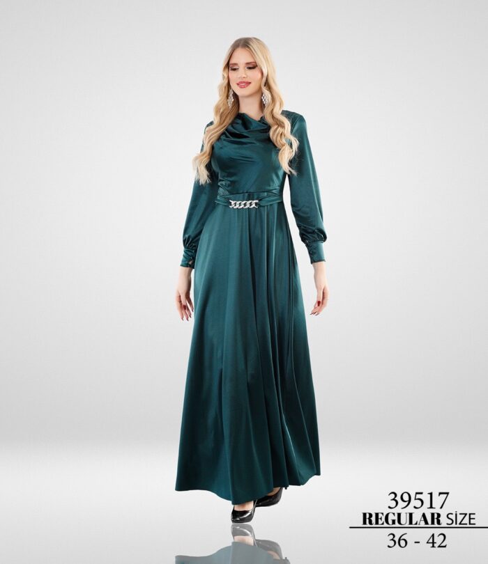 Zümrüt 39517 Tesettür Normal Maxi Uzun Kol Saten Abiye Elbise