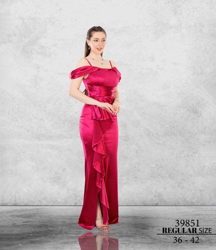 Açık Fuşya 39851 Normal Maxi Askılı Saten Abiye Elbise