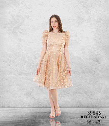 Gold 39845 Normal Midi Kısa Kol Nakış Kombin Abiye Elbise