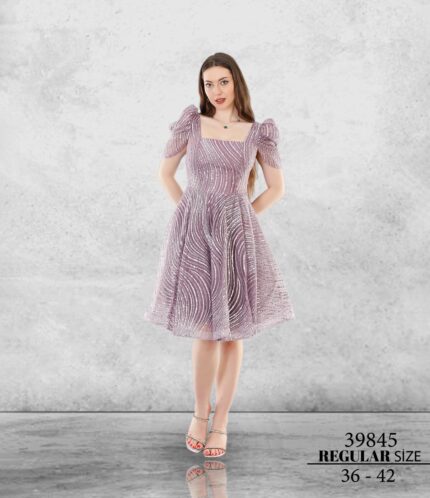 Lila 39845 Normal Midi Kısa Kol Nakış Kombin Abiye Elbise