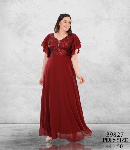 Bordo 39827 Büyük Beden Maxi Kısa Kol Şifon Abiye Elbise