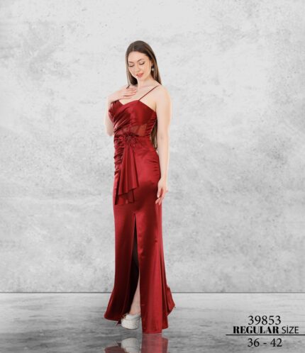 Bordo 39853 Normal Maxi Askılı Saten Abiye Elbise