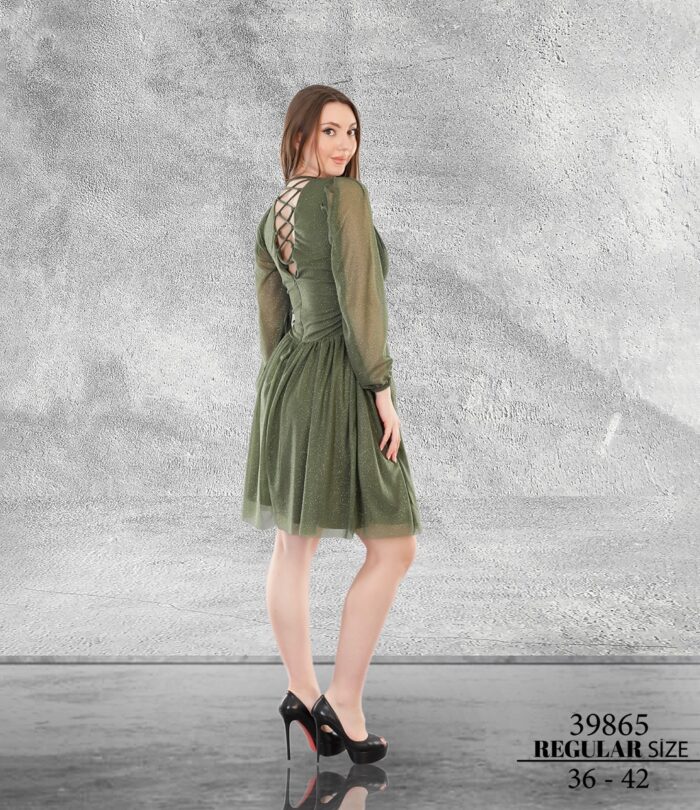 Haki 39865 Normal Kısa Mini Uzun Kol Simli Tül Abiye Elbise