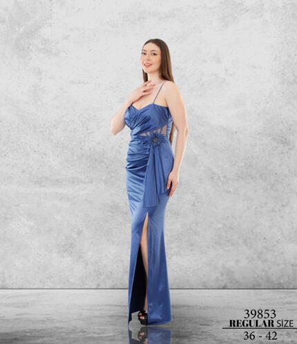 İndigo 39853 Normal Maxi Askılı Saten Abiye Elbise