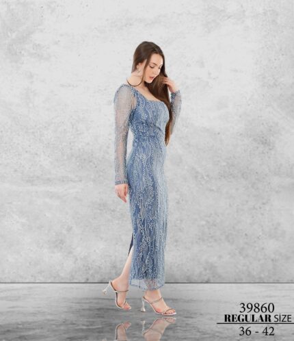 İndigo 39860 Normal Maxi Uzun Kol Nakış Kombin Abiye Elbise