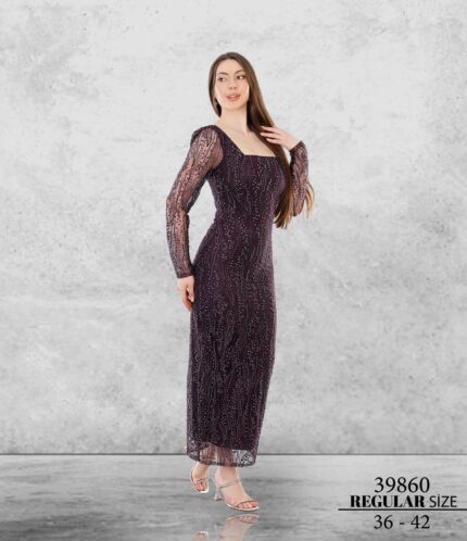 Mürdüm 39860 Normal Maxi Uzun Kol Nakış Kombin Abiye Elbise