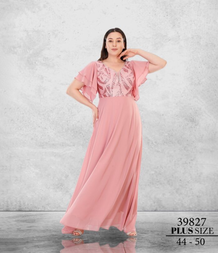 Rose 39827 Büyük Beden Maxi Kısa Kol Şifon Düğün Kına