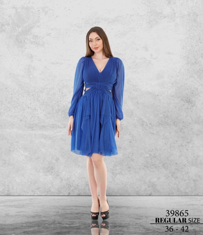 Saks 39865 Normal Kısa Mini Uzun Kol Simli Tül Abiye Elbise