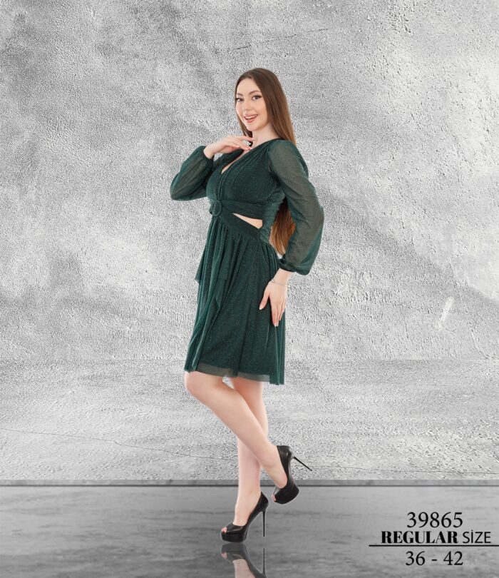 Zümrüt 39865 Normal Kısa Mini Uzun Kol Simli Tül Abiye Elbise