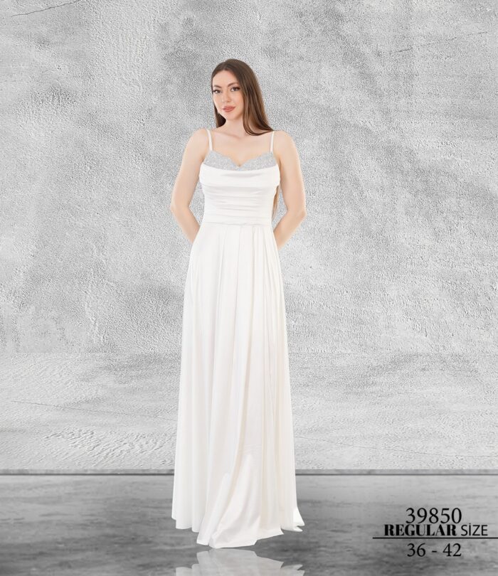 Beyaz Normal Maxi Askılı Saten Abiye Elbise 39850