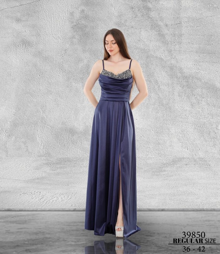 Lacivert Normal Maxi Askılı Saten Abiye Elbise 39850