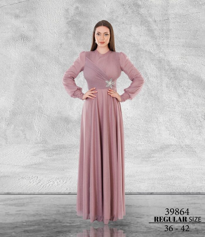 Rose Normal Tesettür Uzun Kol Simli Tül Düğün Kına 39864