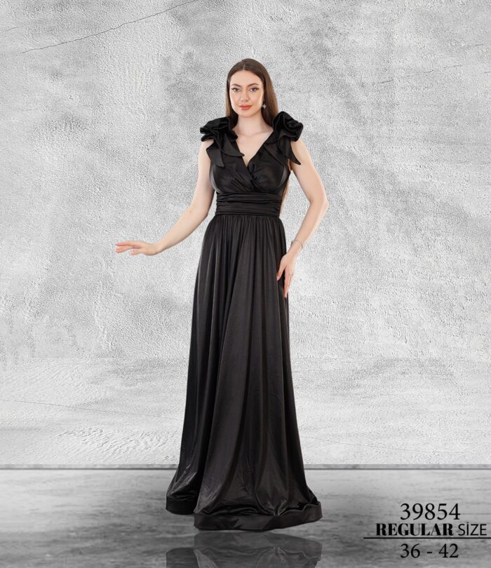 Siyah Maxi Kısa Kol Saten Abiye Elbise 39854