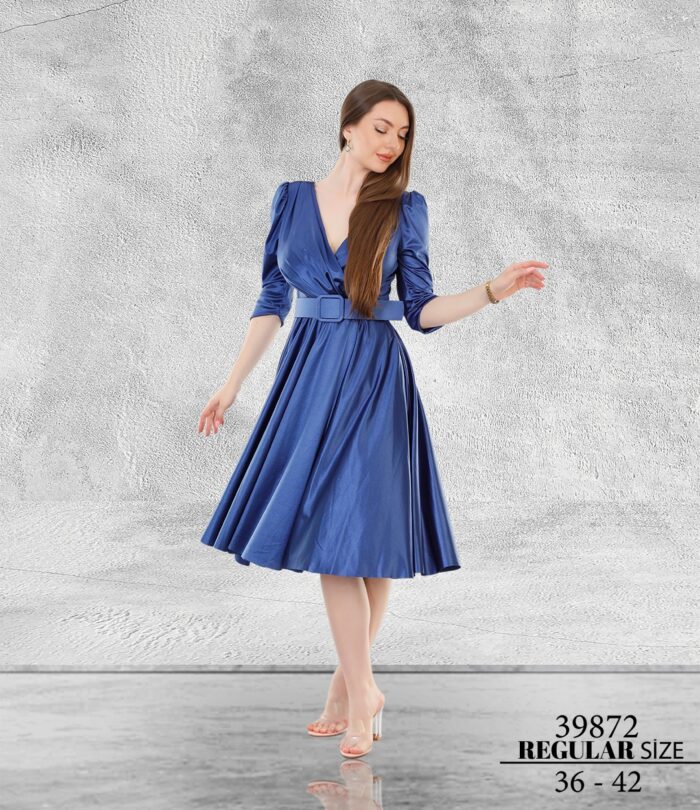 indigo Normal Midi Kısa Kol Saten Abiye Elbise 39872