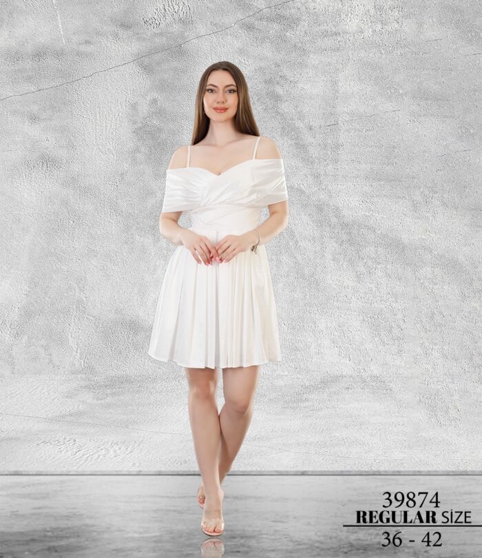 Beyaz Normal Kısa Mini Askılı Saten Abiye Elbise 39874