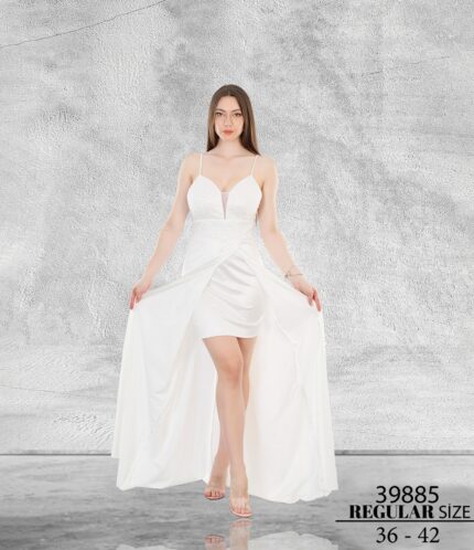 Beyaz Normal Maxi Askılı Saten Nakış Kombin Abiye Elbise 39885