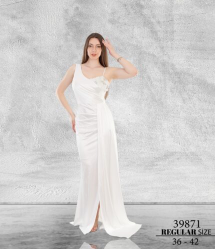 Beyaz Normal Maxi Tek Omuz Saten Abiye Elbise 39871