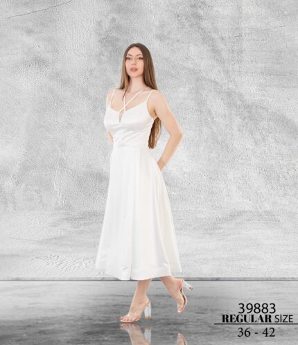 Beyaz Normal Midi Askılı Saten Abiye Elbise 39883
