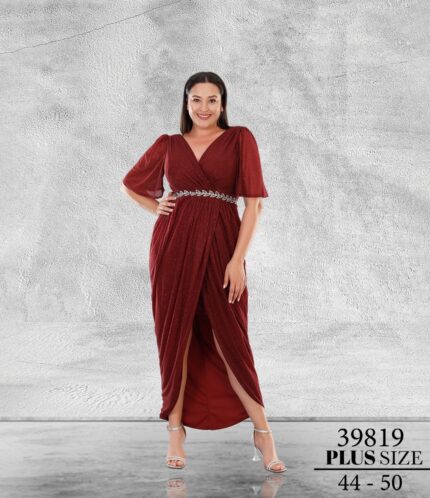 Bordo Büyük Beden Maxi Kısa Kol Simli Tül Abiye Elbise 39819