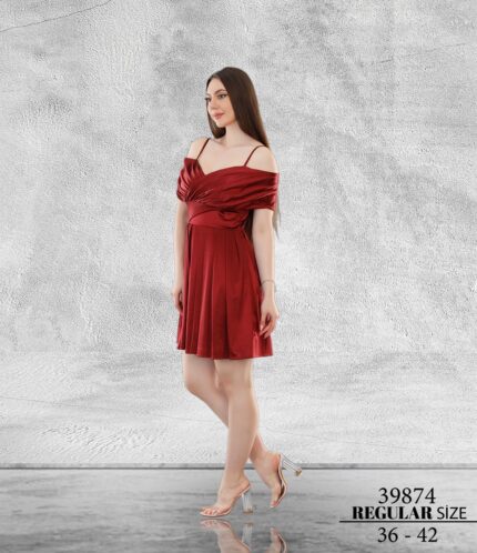 Bordo Normal Kısa Mini Askılı Saten Abiye Elbise 39874