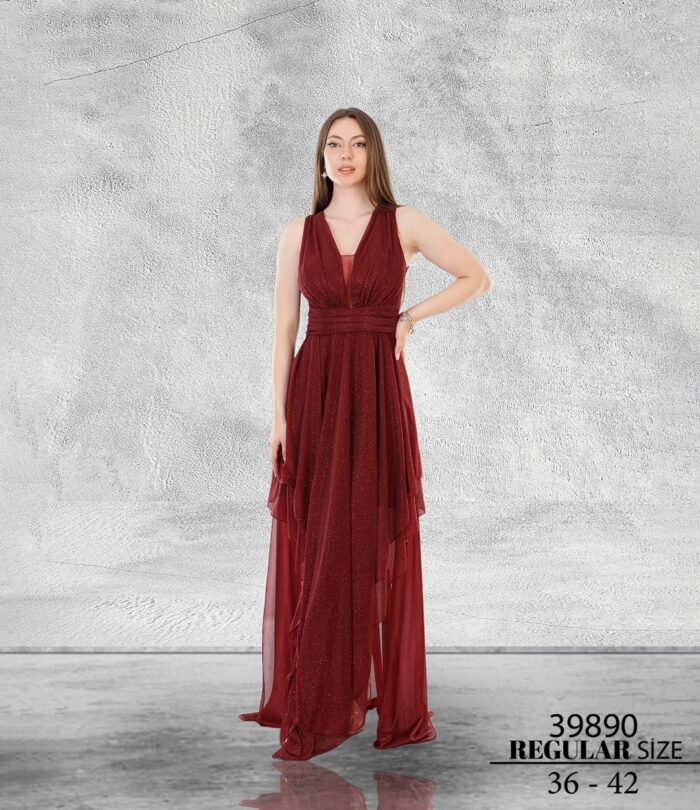 Bordo Normal Maxi Sıfır Kol Simli Tül Abiye Elbise 39890