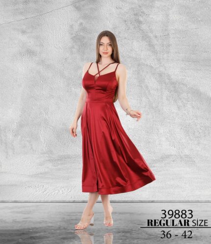 Bordo Normal Midi Askılı Saten Abiye Elbise 39883