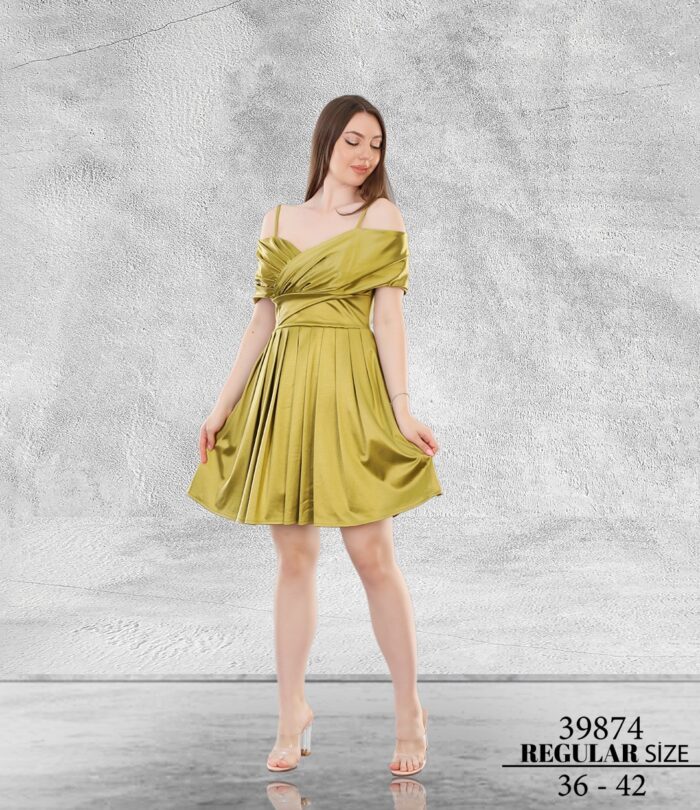 Çimen Normal Kısa Mini Askılı Saten Abiye Elbise 39874