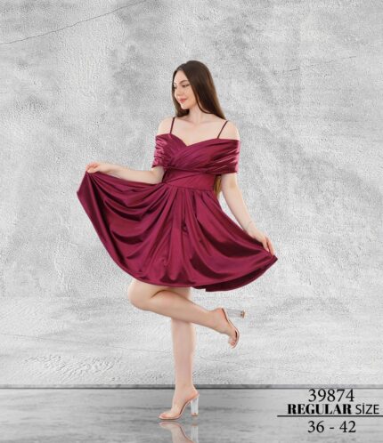 Fuşya Normal Kısa Mini Askılı Saten Abiye Elbise 39874
