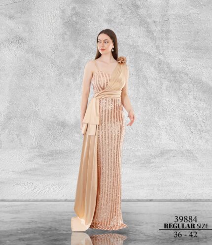Gold Normal Maxi Tek Omuz Pul Payet Abiye Elbise 39884