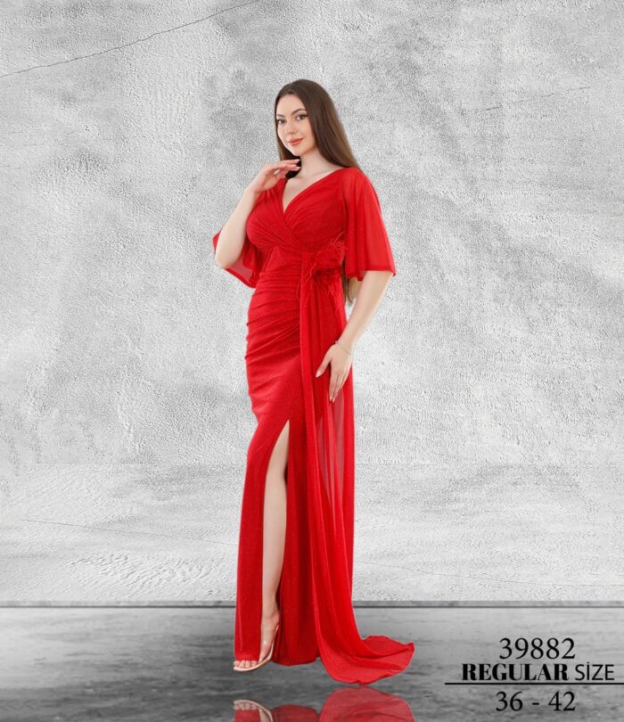 Kırmızı Normal Maxi Kısa Kol Simli Tül Abiye Elbise 39882