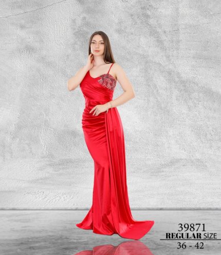 Kırmızı Normal Maxi Tek Omuz Saten Abiye Elbise 39871