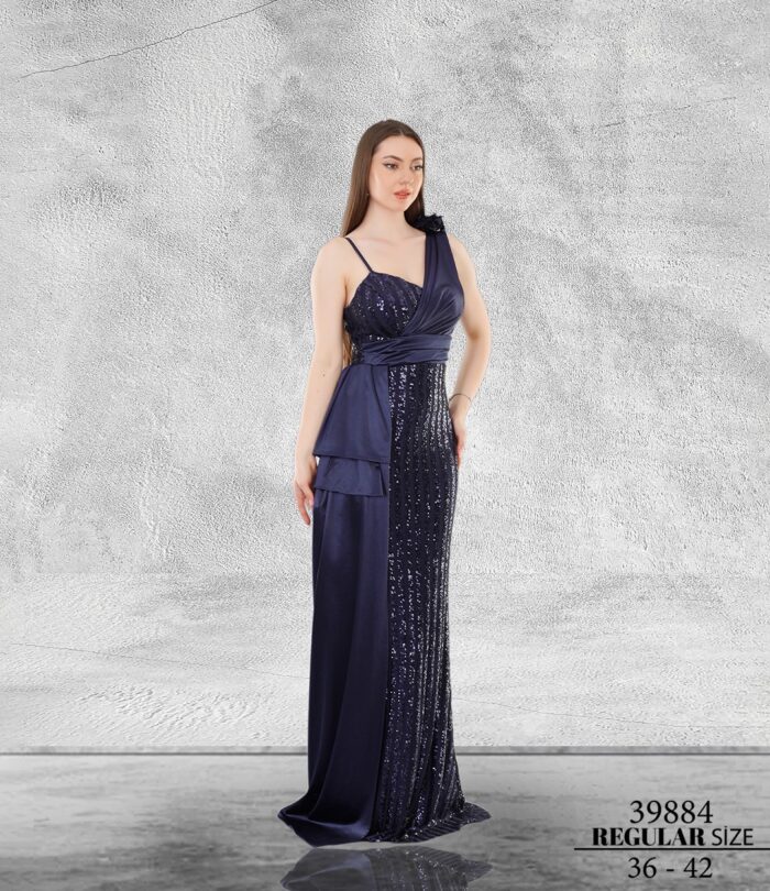 Lacivert Normal Maxi Tek Omuz Pul Payet Abiye Elbise 39884